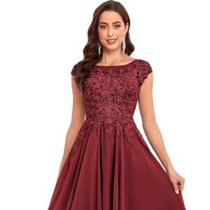 Burgundy Tea Length Mother of The Bride Dress Chiffon Formal Dress with Pockets